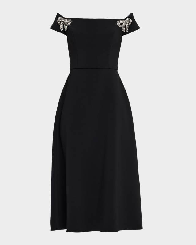 Bow Embellished Off-The-Shoulder Midi Dress